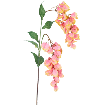 La Fleur Artificielle Paniculata 95 cm a une tige unique avec des feuilles vertes et des bouquets de fleurs ressemblant à des glycines roses et jaunes, joliment isolées sur un fond blanc.