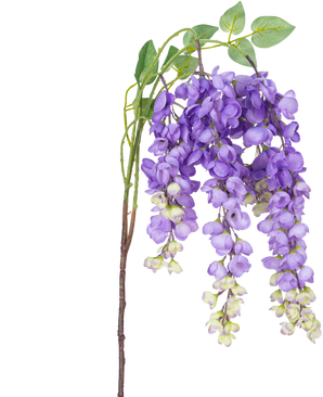 Une fleur artificielle de glycine de 115 cm violette avec des fleurs de glycine violettes et des feuilles vertes sur un fond blanc.
