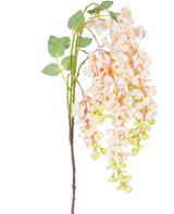 La Fleur Artificielle Glycine 100 cm crème a une seule tige avec des bouquets de fleurs de glycine rose clair et crème, des bourgeons verts et des feuilles vertes sur un fond blanc.