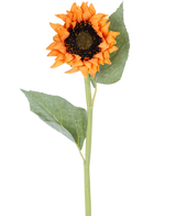 Une Fleur Artificielle Tournesol Real Touch doré de 61 cm, avec une fleur orange et un coeur foncé, deux grandes feuilles vertes et une longue tige verte, isolée sur fond blanc.