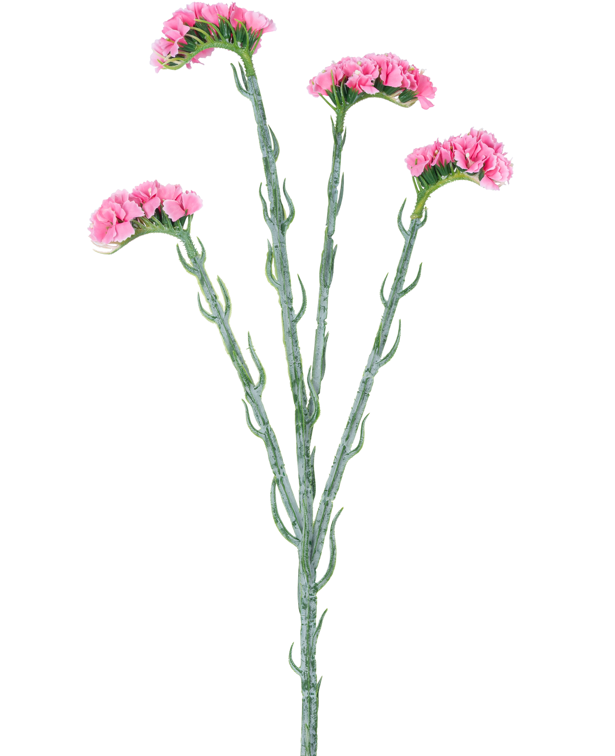 La Branche Artificielle Statice 64 cm rose possède trois tiges vertes avec de petites feuilles frisées, chacune se terminant par des bouquets de délicates fleurs roses, isolées sur un fond blanc.