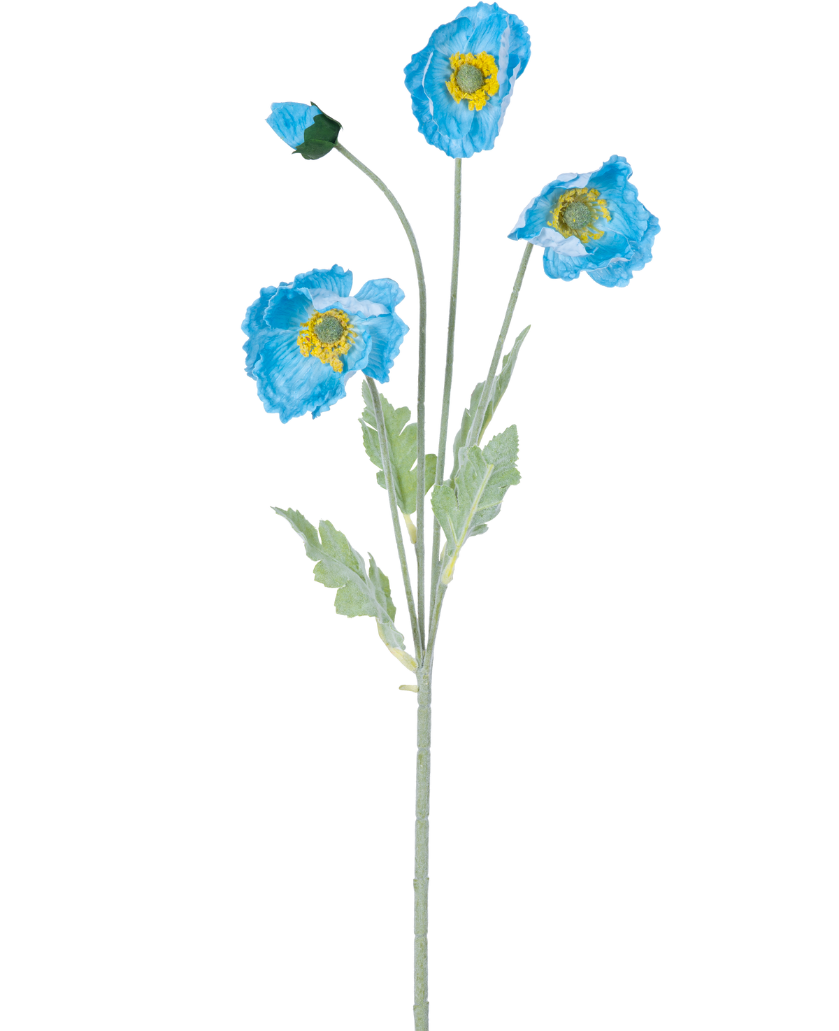 La Fleur Artificielle Coquelicot Real Touch Bleu 60 cm a une seule tige avec trois fleurs de coquelicot bleues et des feuilles vertes ; deux fleurs sont ouvertes avec un centre jaune et une fleur reste un bouton fermé, le tout isolé sur fond blanc.