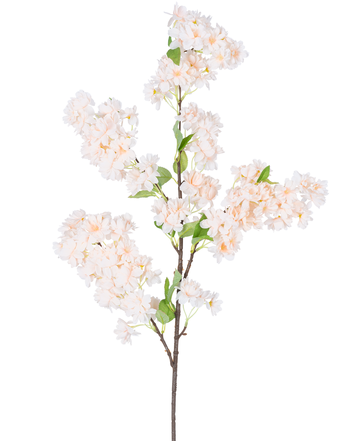 Une seule fleur de cerisier artificielle de 100 cm, branche blanche/rose avec des bouquets de fleurs de cerisier rose clair et blanches avec des feuilles vertes, isolées sur un fond blanc.