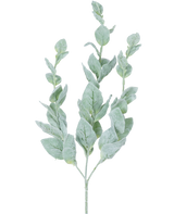 La Fleur Artificielle Eucalyptus 70 cm est une simple tige d'eucalyptus vert aux multiples feuilles arrondies, douces, pâles, de couleur argentée sur fond blanc.