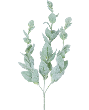 La Fleur Artificielle Eucalyptus 70 cm est une simple tige d'eucalyptus vert aux multiples feuilles arrondies, douces, pâles, de couleur argentée sur fond blanc.