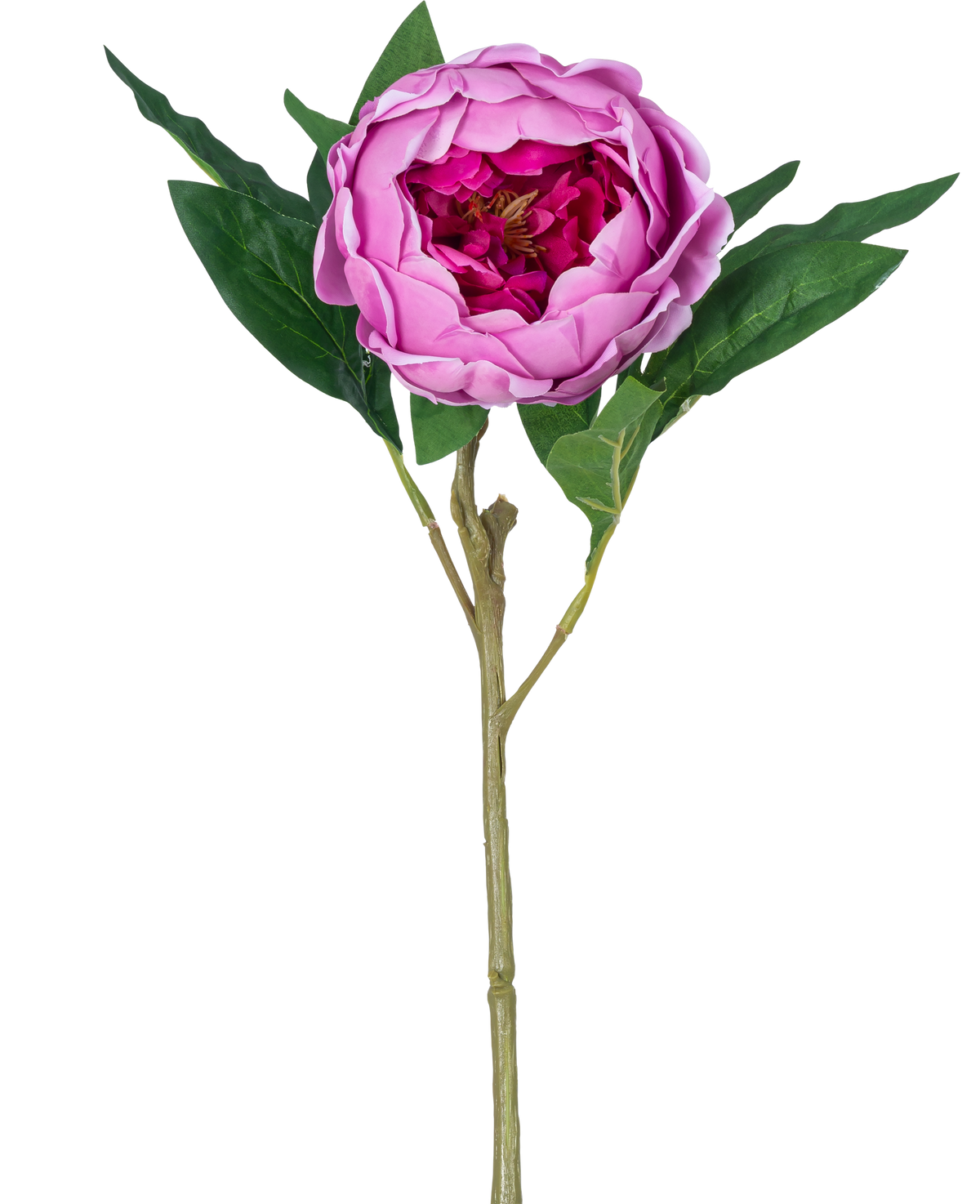 La fleur artificielle Lotus Pivoine Real Touch de couleur violette, de 58 cm de long, a des pétales superposés, des feuilles vertes et une longue tige. Sur la photo sur un fond blanc uni.
