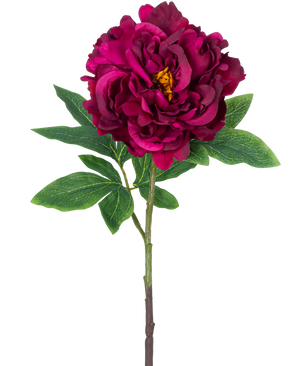 La fleur artificielle pivoine 61 cm violette est une pivoine artificielle simple avec des pétales superposés violet foncé, un cœur jaune, des feuilles vertes et une longue tige, représentée sur un fond blanc uni.