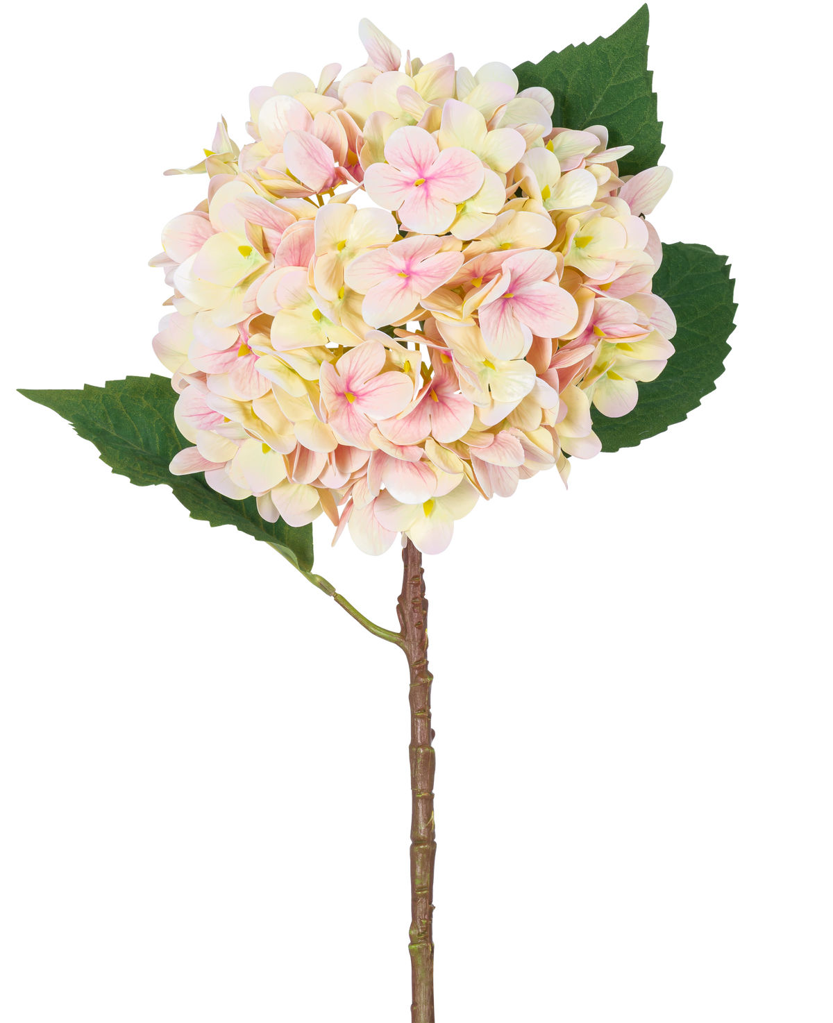 La Fleur Artificielle Hortensia Real Touch Rose 58 cm est une tige d'hortensia artificielle simple avec des pétales rose tendre et deux grandes feuilles vertes, parfaite pour la décoration et présentée sur un fond blanc.