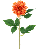 La Fleur Artificielle Dahlia Real Touch orange 54 cm possède un seul dahlia orange aux pétales superposés, une longue tige verte et plusieurs larges feuilles vertes, isolées sur un fond blanc.