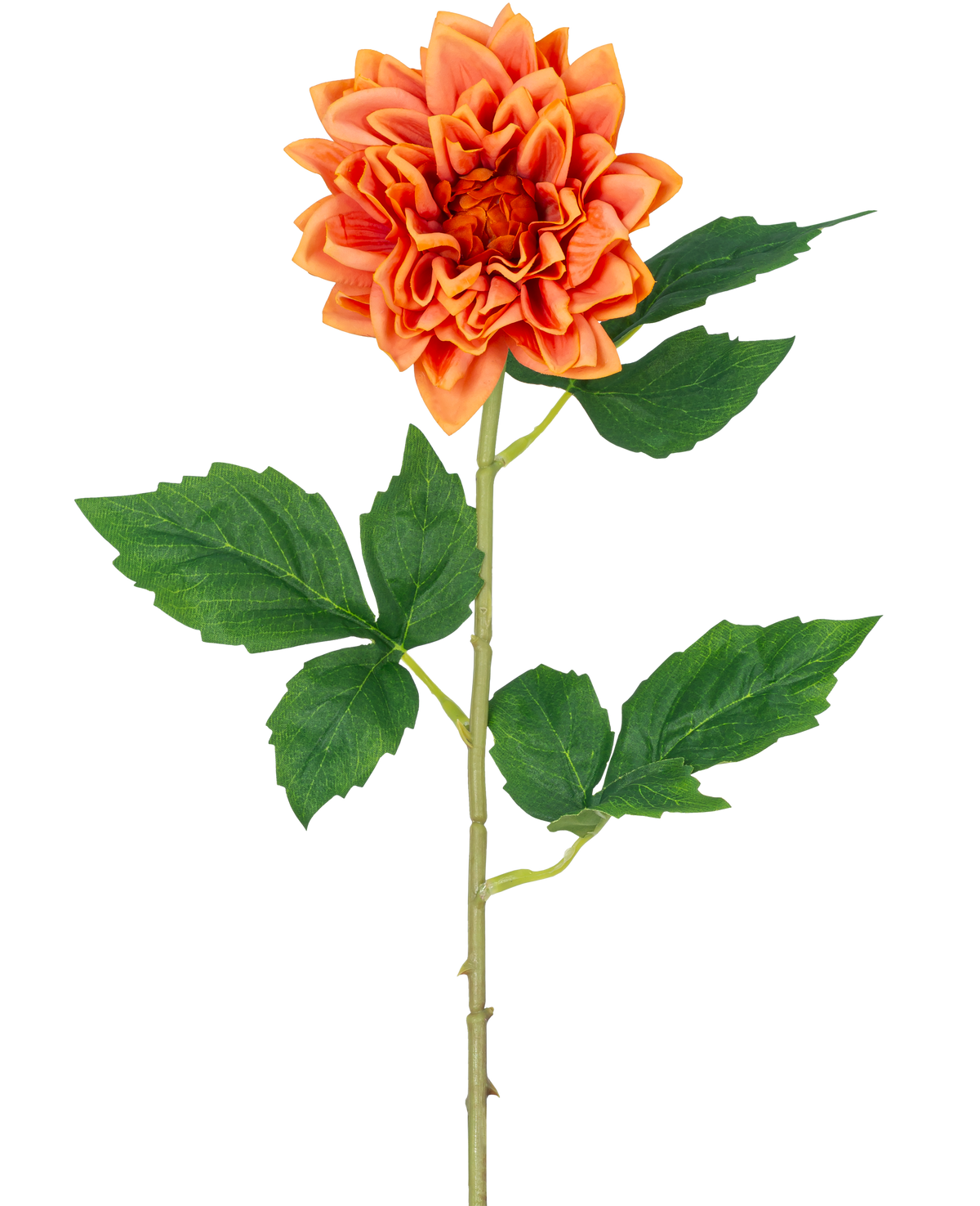 La Fleur Artificielle Dahlia Real Touch orange 54 cm possède un seul dahlia orange aux pétales superposés, une longue tige verte et plusieurs larges feuilles vertes, isolées sur un fond blanc.