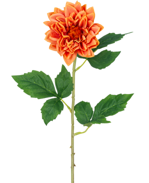 La Fleur Artificielle Dahlia Real Touch orange 54 cm possède un seul dahlia orange aux pétales superposés, une longue tige verte et plusieurs larges feuilles vertes, isolées sur un fond blanc.