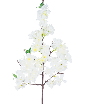 La Fleur de Cerisier Artificielle en Soie 95 cm blanche a une seule branche avec des bouquets de fleurs de cerisier artificielles blanches et quelques feuilles vertes, sur un fond blanc uni.