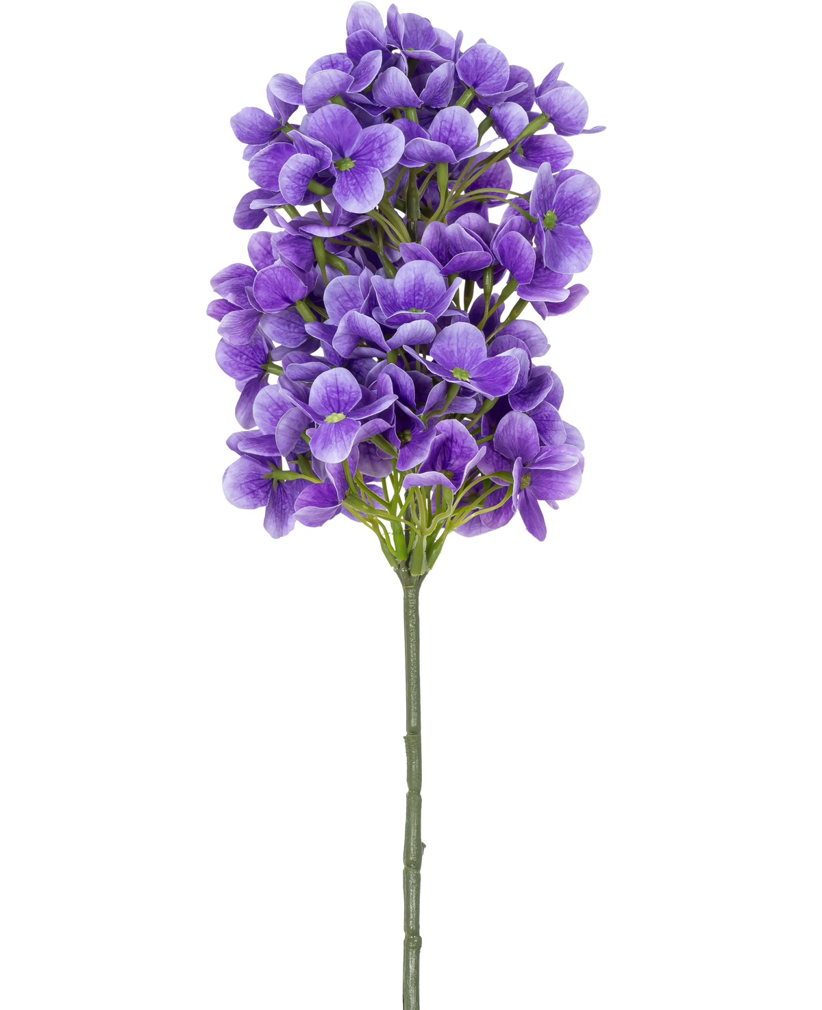Une seule tige de boule de neige artificielle Real Touch Purple, 58 cm, avec des fleurs violettes vibrantes et des centres verts, sur un fond blanc.