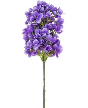 Une seule tige de boule de neige artificielle Real Touch Purple, 58 cm, avec des fleurs violettes vibrantes et des centres verts, sur un fond blanc.
