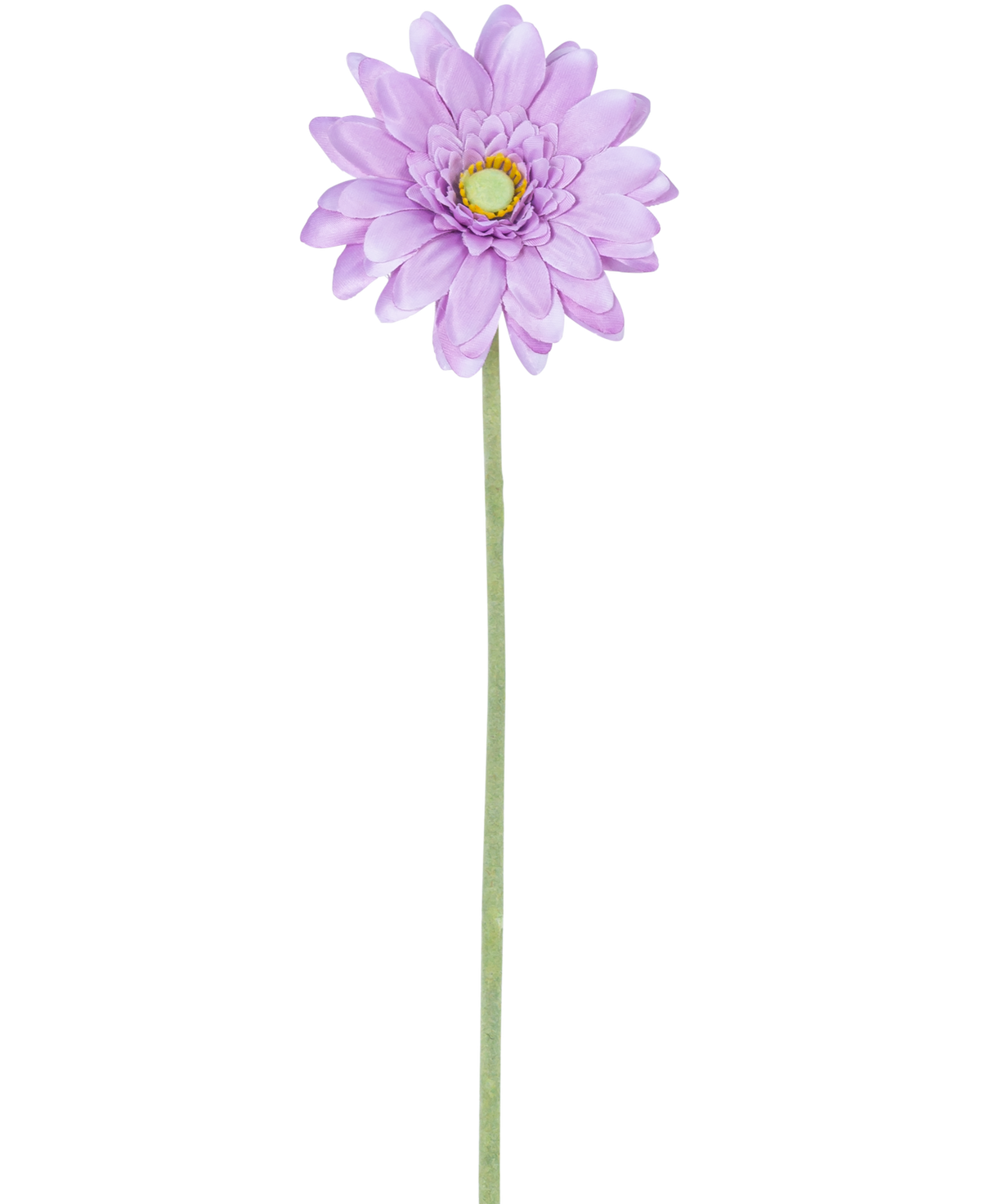 La fleur artificielle mini Gerbera 47 cm lilas a une seule fleur violet clair ressemblant à une marguerite avec des pétales superposés et un centre jaune sur une longue et mince tige verte, parfaite pour être exposée sur un fond blanc.