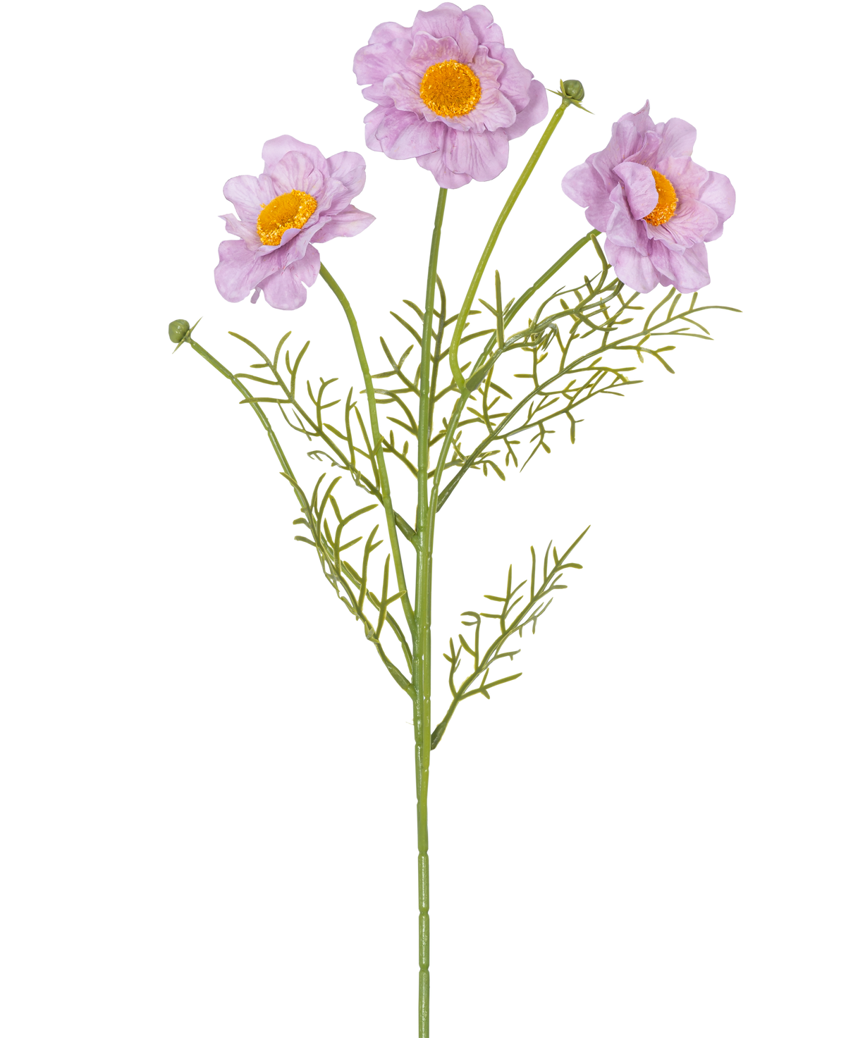 Le collier de roses artificielles Real Touch Violet 50 cm a une seule tige verte avec trois fleurs violet clair au centre jaune et des feuilles légères comme une plume, sur un fond blanc.