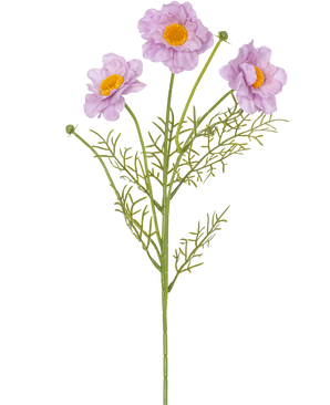Le collier de roses artificielles Real Touch Violet 50 cm a une seule tige verte avec trois fleurs violet clair au centre jaune et des feuilles légères comme une plume, sur un fond blanc.
