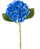 La fleur artificielle Charlotte Hortensia Real Touch Bleu 49 cm est un seul hortensia bleu avec des feuilles vertes et une longue tige, représenté sur un fond blanc.
