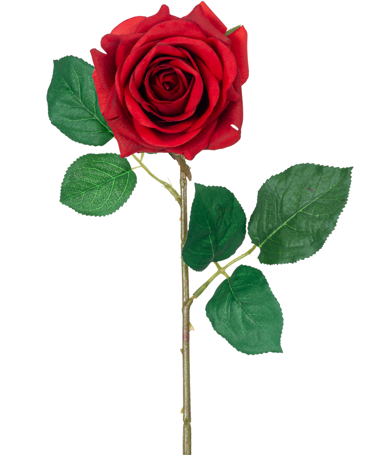 La Rose Artificielle "Emine" Real Touch Rouge 43 cm a une seule rose rouge avec des feuilles vertes vibrantes sur une longue tige, sur un fond blanc uni.
