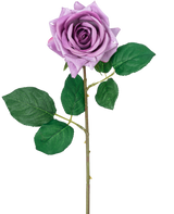 Une seule rose artificielle "Emine" Real Touch Dark Pink, de 43 cm de haut avec une tige et des feuilles vertes, isolée sur fond blanc.