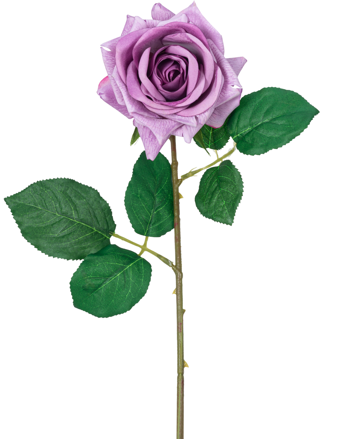 Une seule rose artificielle "Emine" Real Touch Dark Pink, de 43 cm de haut avec une tige et des feuilles vertes, isolée sur fond blanc.