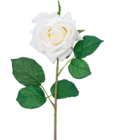La Rose Artificielle "Emine" Real Touch Blanc 43 cm a une seule rose blanche avec des pétales superposés et des feuilles vertes sur une longue tige, sur un fond blanc uni.
