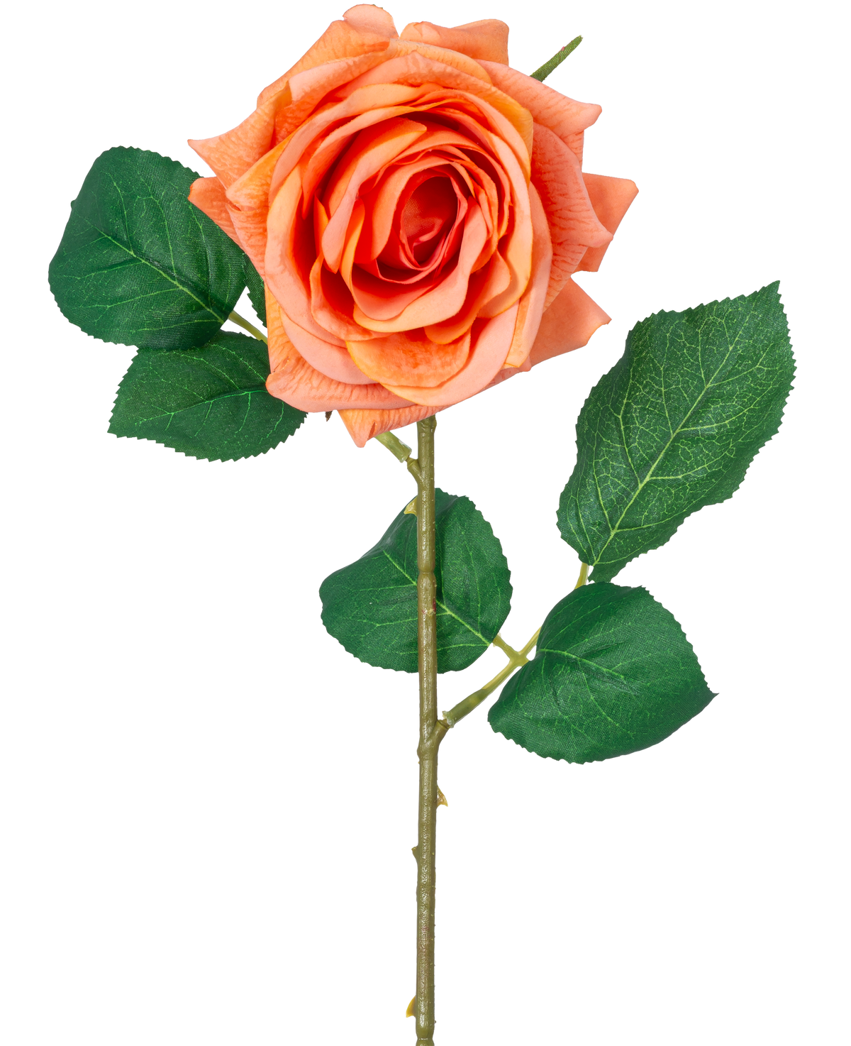 La rose hydratante Fleur Artificielle Crystal Touch possède une fleur orange Real Touch avec des feuilles vertes et une tige de 43 cm de long, sur un fond blanc uni.
