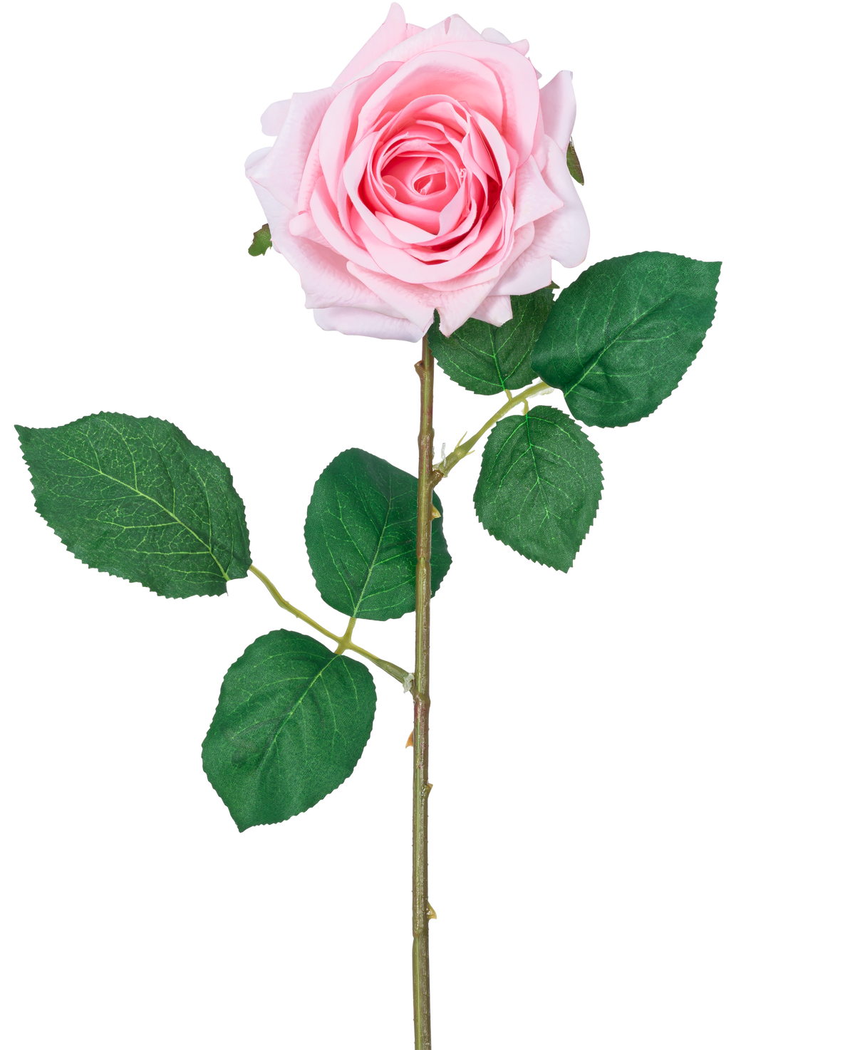 La Rose Artificielle "Emine" Real Touch Rose 43 cm est une rose artificielle simple rose clair avec des pétales superposés, des feuilles vertes et une longue tige, sur un fond blanc.
