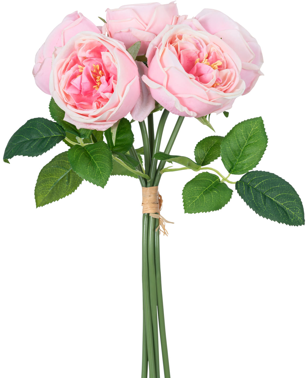 Le bouquet de roses artificielles "Carmen" Real Touch Pink 36 cm contient des pivoines rose clair avec des feuilles vertes, liées entre elles par une corde marron.