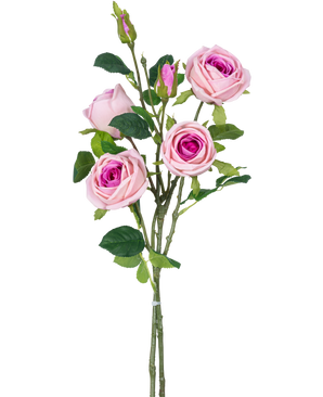La Branche de roses artificielles double Real Touch rose 80 cm présente plusieurs roses roses artificielles et des boutons de roses avec des feuilles vertes sur une tige, sur un fond blanc uni.