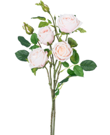 La branche de rose artificielle double Real Touch rose clair 80 cm a une tige avec trois roses rose clair entièrement épanouies, deux boutons de roses et plusieurs feuilles vertes sur un fond blanc.