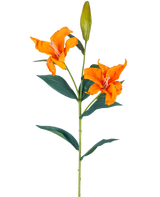 La Fleur Artificielle Lys Real Touch orange 95 cm a une tige unique avec deux lys orange ouverts, un bourgeon fermé au sommet et des feuilles vertes longues et étroites, le tout sur un fond blanc.