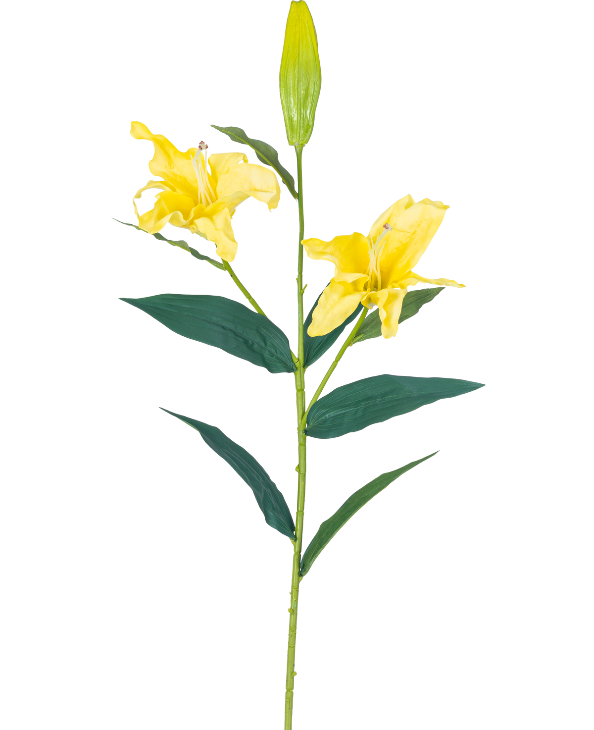 La Fleur Artificielle Lys Real Touch Jaune 95 cm possède une tige unique avec deux fleurs de lys jaunes ouvertes, un bourgeon fermé au sommet et de longues feuilles vertes, le tout sur un fond blanc uni.