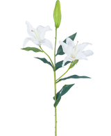 La Fleur Artificielle Lys Real Touch blanc 95 cm possède une seule tige verte avec deux fleurs de lys blanches ouvertes, des feuilles vert foncé et un bourgeon fermé, sur un fond blanc uni.