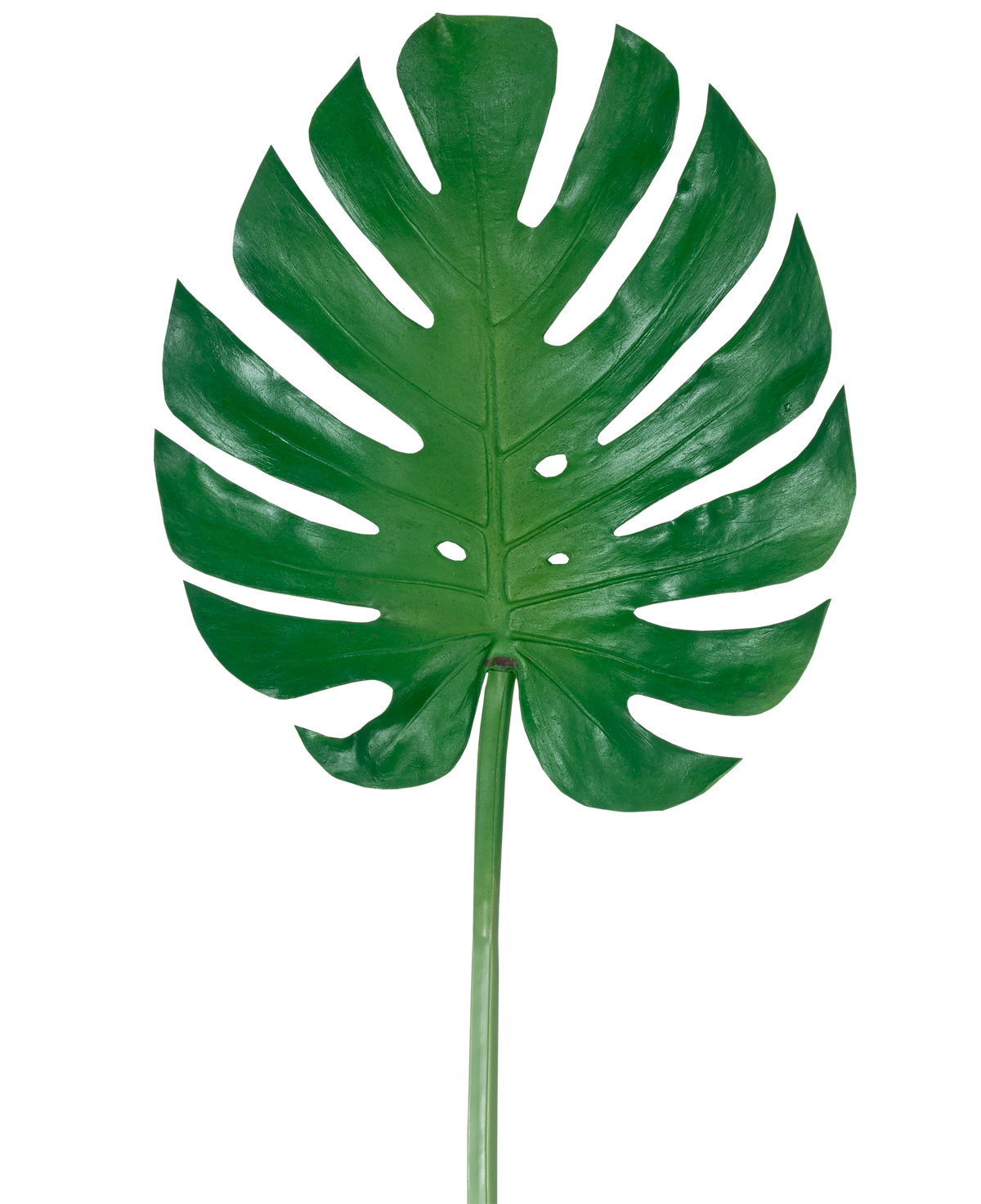 La Feuille Artificielle Monstera 88 cm est une grande feuille artificielle de monstera verte avec de profondes fentes et perforations, sur un fond blanc uni.