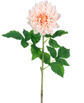 Une seule tige Kunst Georgine Real Touch Light Pink de 70 cm avec des pétales rose clair superposés et des feuilles vertes, sur un fond blanc.