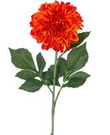 Une seule fleur artificielle Dahlia Real Touch Orange, de 72 cm de haut, a des pétales superposés orange et rouge vif avec des feuilles vertes sur un fond blanc uni.
