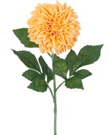 Une seule fleur artificielle Dahlia Real Touch Peach, de 72 cm de haut, a plusieurs feuilles vertes et une grande fleur pleine de couleur pêche sur un fond blanc uni.