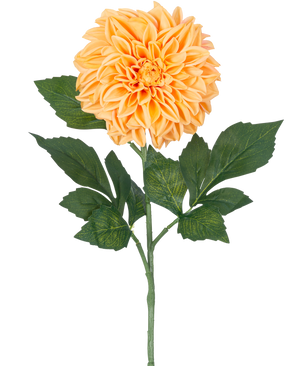 Une seule fleur artificielle Dahlia Real Touch Peach, de 72 cm de haut, a plusieurs feuilles vertes et une grande fleur pleine de couleur pêche sur un fond blanc uni.