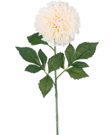La Fleur Artificielle Dahlia Real Touch Beige 72 cm présente un seul dahlia beige avec des pétales superposés et des feuilles vertes sur une longue tige, isolée sur un fond blanc.
