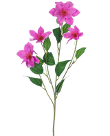 La Clématite Artificielle Real Touch Rose 88 cm présente une seule tige verte avec plusieurs branches, cinq fleurs roses vibrantes et plusieurs feuilles vertes ovales, toutes magnifiquement détaillées et isolées sur un fond blanc.