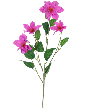 La Clématite Artificielle Real Touch Rose 88 cm présente une seule tige verte avec plusieurs branches, cinq fleurs roses vibrantes et plusieurs feuilles vertes ovales, toutes magnifiquement détaillées et isolées sur un fond blanc.