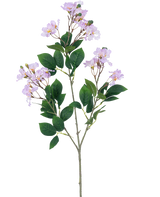 Une seule fleur artificielle Lagerstroemia de 92 cm violette avec des bouquets de fleurs violet clair et plusieurs feuilles vertes, sur un fond blanc uni.