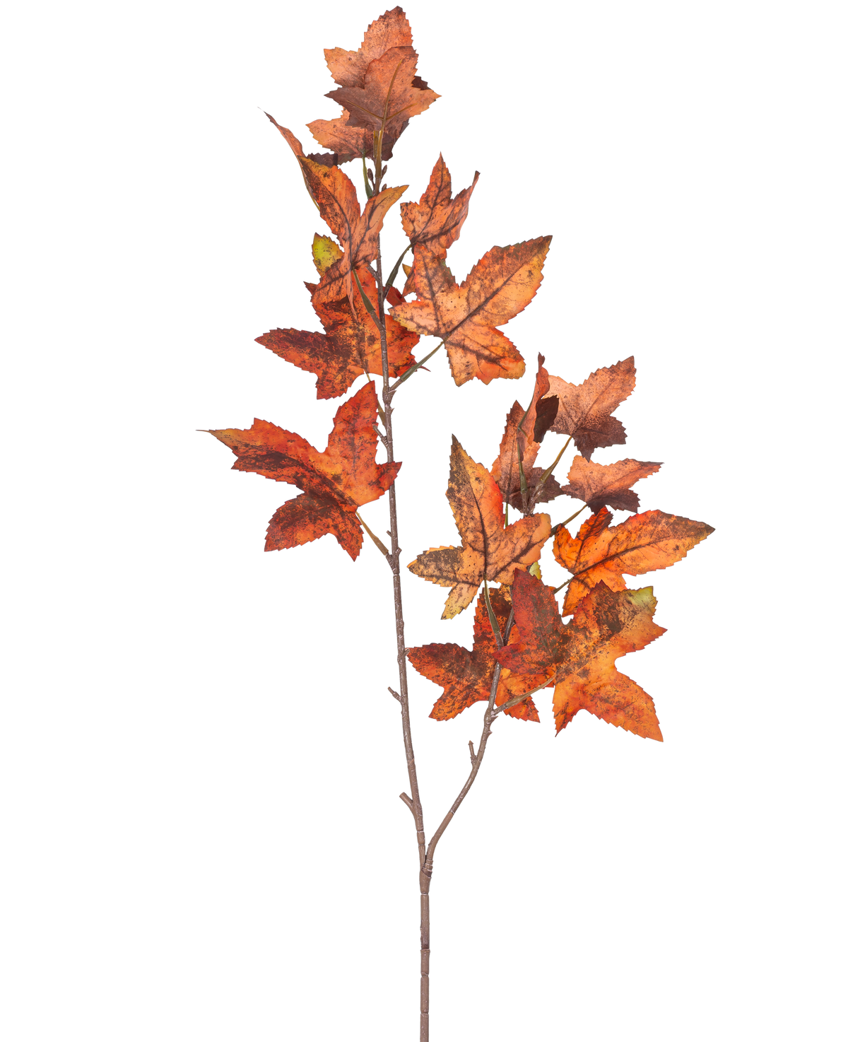 Une branche de Branche Artificielle Feuille de Chêne 90 cm rouge possède plusieurs feuilles de chêne aux tons rouges qui évoquent l'automne sur un fond uni blanc.