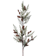 La Branche Artificielle Aiguille de Pin 85 cm verte présente une branche avec de fines feuilles vertes en forme d'aiguilles et des grappes de petites pommes de pin brunes, isolées sur un fond blanc.