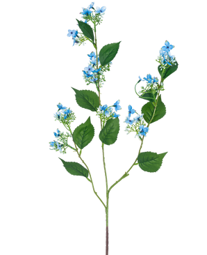 La fleur artificielle Hortensia sauvage 93 cm bleu a une seule tige artificielle avec de multiples branches, des feuilles vertes et des bouquets de petites fleurs délicates bleu clair.