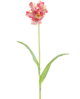 Une fleur artificielle tulipe perruche française de 76 cm en rouge/jaune avec des volants sur les pétales, une longue tige verte et deux feuilles vertes allongées, sur un fond blanc.