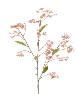 Une seule tige de la Fleur Artificielle Daphné de 108 cm de vieux rose, avec des petits bouquets de fleurs rose tendre et quelques feuilles vertes sur fond blanc.