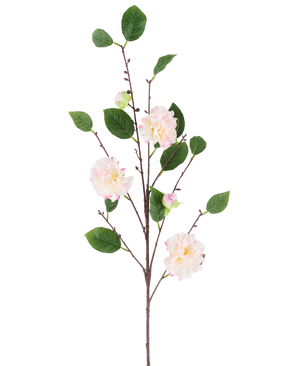Une seule tige de camélia japonais, fleur artificielle, de 92 cm de long, avec de multiples branches avec des feuilles vertes et des fleurs rose clair ressemblant à un camélia, représentées sur un fond blanc uni.