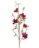 Une seule fleur artificielle Magnolia 94 cm, branche artificielle rouge bordeaux avec cinq fleurs rouge foncé et feuilles vertes, présentée sur un fond blanc uni.